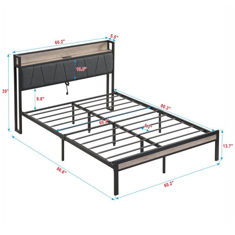Structure de lit plateforme en métal avec tête de lit tapissier, doublure et pied de lit USB, pas de sommier tapissier, grand rangement sous le lit, assemblage facile