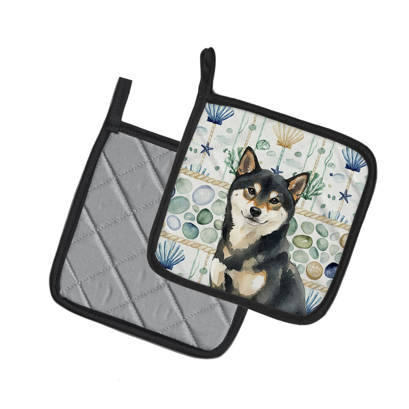 Paire de poignées en verre noir et brun Shiba Inu