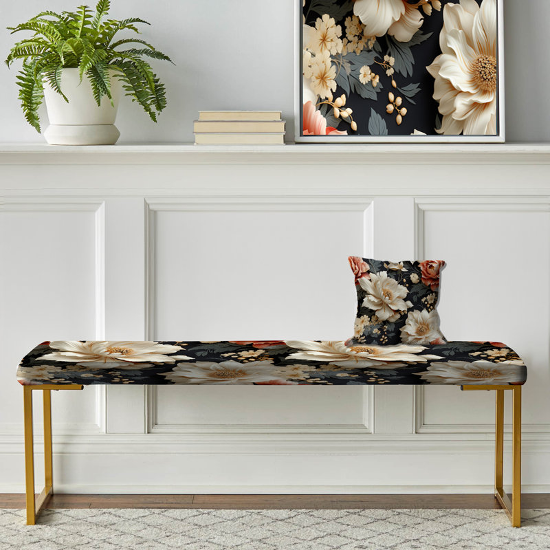 Upholstered Gold Bench, Victorian Gray And White Flower Elegance