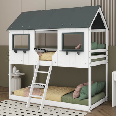 Twin Over Twin Bunk Bed With Roof & Window, Wooden House-Style Bunk Bed With Safety Guardrail & Ladder