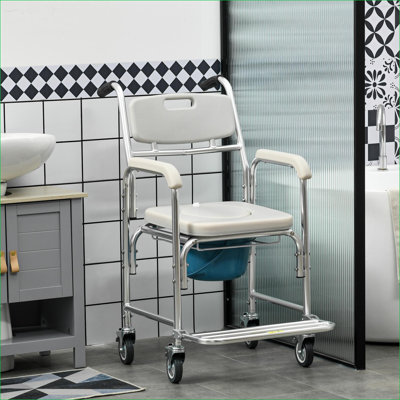Siège de commode de douche 3 en 1 HOMcom, siège de transport sur roulettes imperméable, siège rembourré d'une capacité de poids de 330 lb, gris ardoise