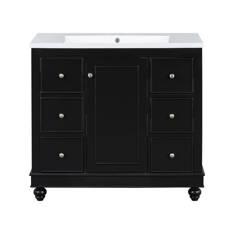 Meuble-lavabo contemporain noir - 36 po x 18 po x 34 po, 4 tiroirs et 1 porte d'armoire, rangement polyvalent, lavabo intégré en résine, tablettes réglables, cadre en bois massif avec panneau de fibres à densité moyenne