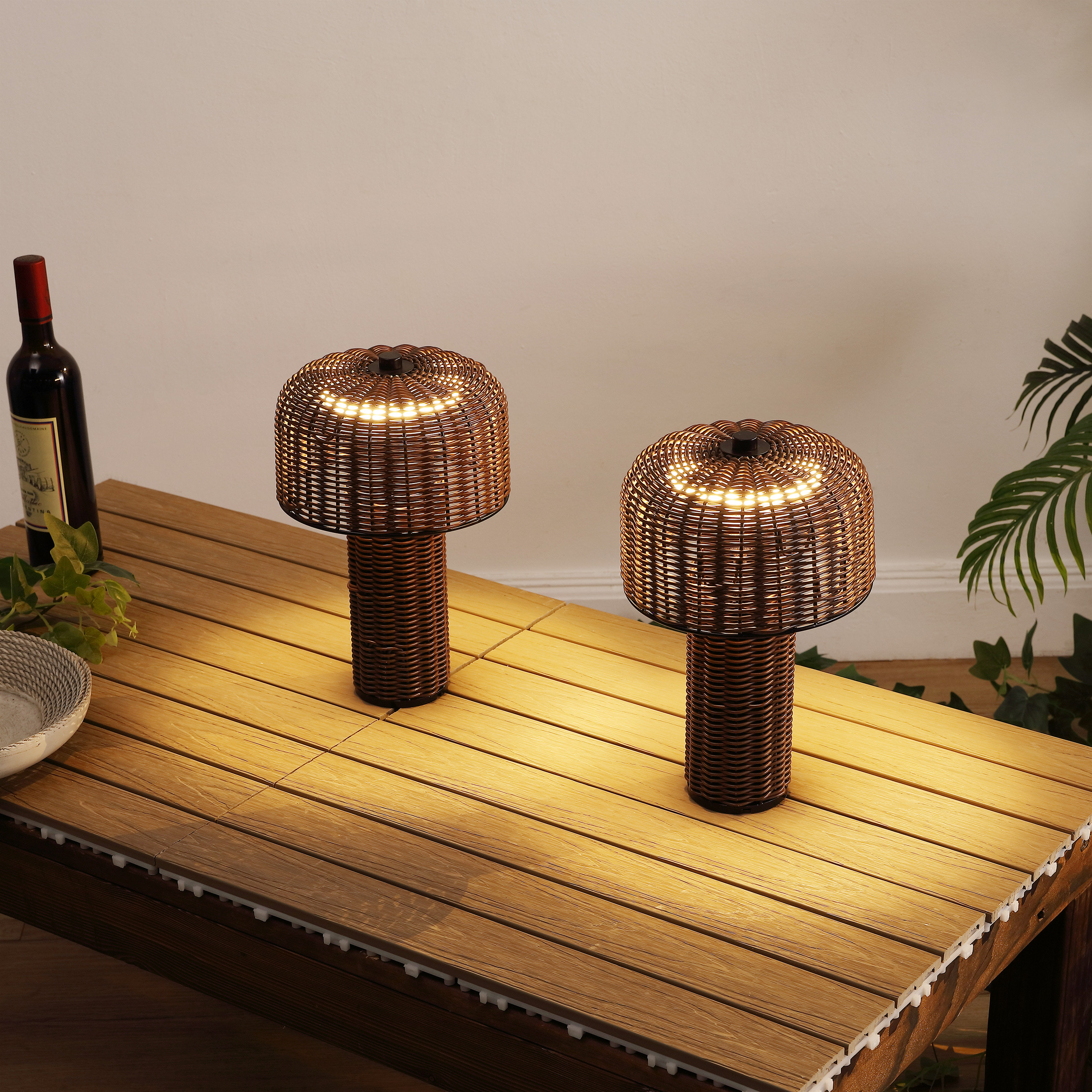 Mia 10" Modern Scandinavian Indoor/Outdoor Faux Wicker Rechargeable/Cordless Dimmable Integrated LED Table Lamp (Set of 2) - Dark Brown/Black