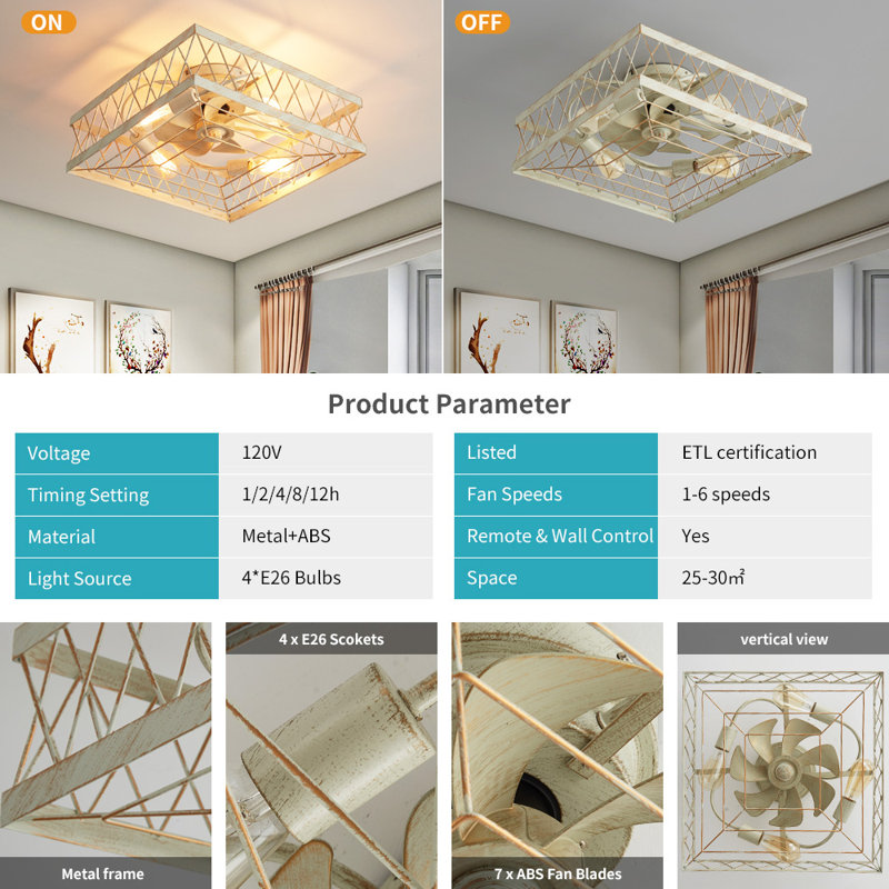 Ventilateur de plafond en or blanc 19,7 po Drane avec télécommande et ensemble d'éclairage inclus