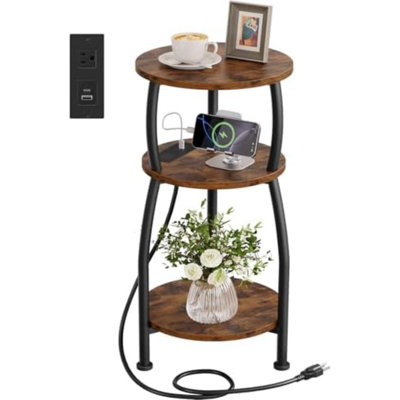 Table d'appoint ronde avec station de charge, table de chevet idéale pour les petits espaces | Table d'appoint à 3 niveaux pour canapé, ports USB-C et USB, petite table d'appoint pour salon, chambre, dortoir, brun rustique