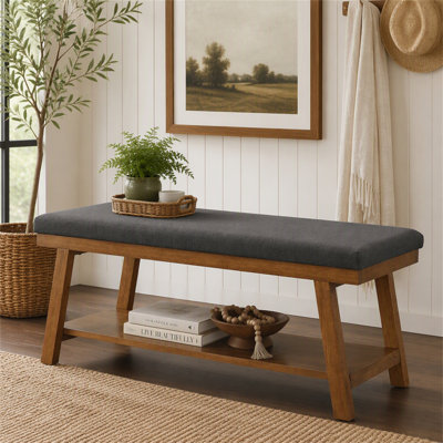 Banc rembourré en lin avec tablette de rangement - capacité de 350 lb, banc de bout de lit moderne avec siège rembourré pour chambre à coucher, vestibule ou salon