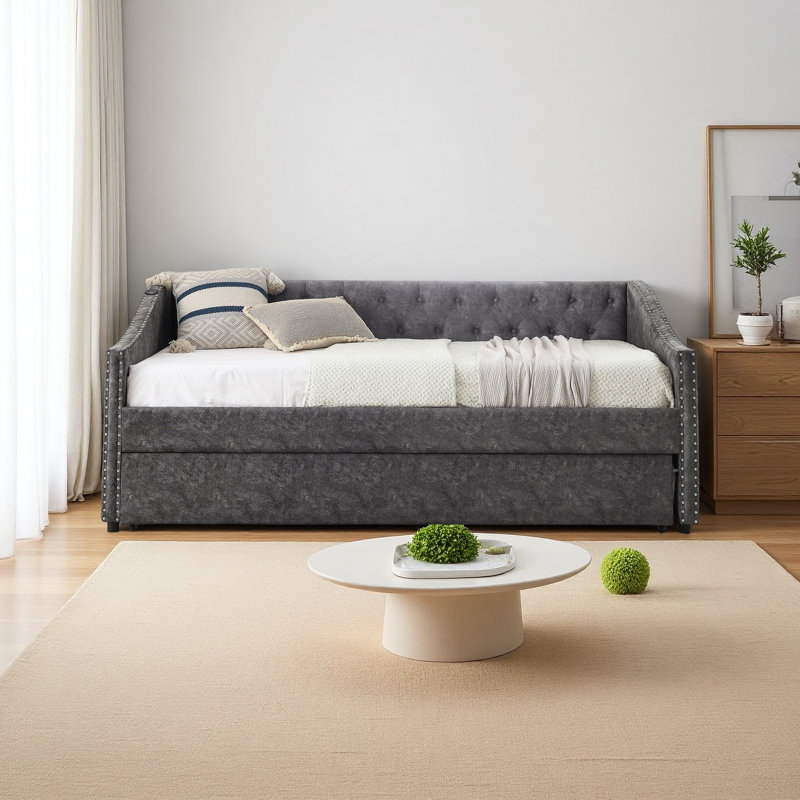 Lit de jour simple avec charge USB et lit extensible escamotable, avec bouton sur le dos et clou en cuivre sur les accoudoirs ondulés