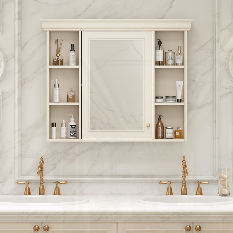 Armoire de rangement murale bleue 35 po x 28 po avec porte miroir, armoire de salle de bain moderne avec miroir, armoire à pharmacie avec 6 tablettes ouvertes