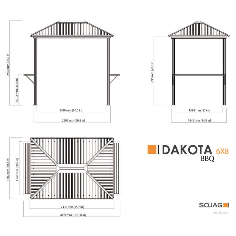Dakota 6' x 9' Black Aluminum Grill Gazebo with Steel Roof