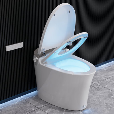 Toilette allongée intelligente avec fonction bidet, couvercle à ouverture / fermeture automatique, siège chauffant, coup de pied et chasse d'eau occultant - confort haut de gamme