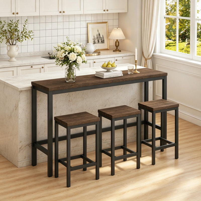 Long Dining Table Set with 3 Stools, Dark Brown