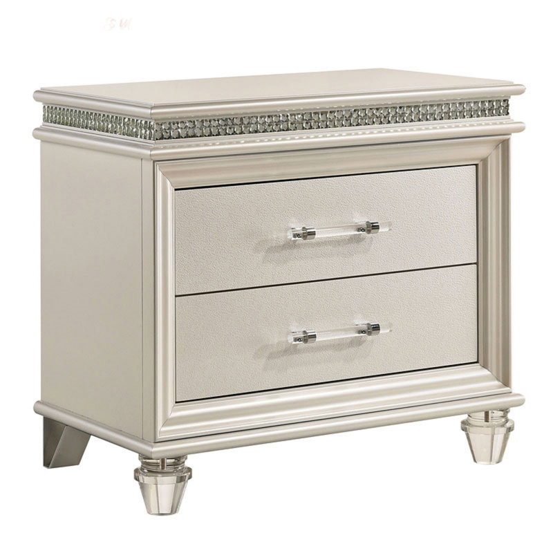 Table de chevet classique 1Pc avec design contemporain, bois massif, 2 tiroirs, plateau doublé de feutre et pieds en acrylique