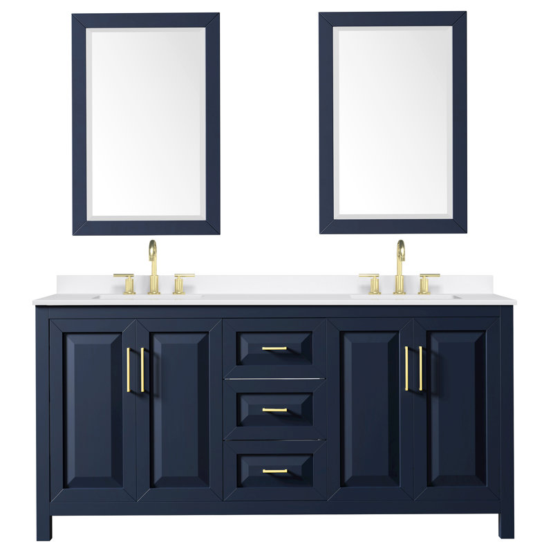 Daria 72'' W Vanity, White Quartz, Blue, Brushed Gold