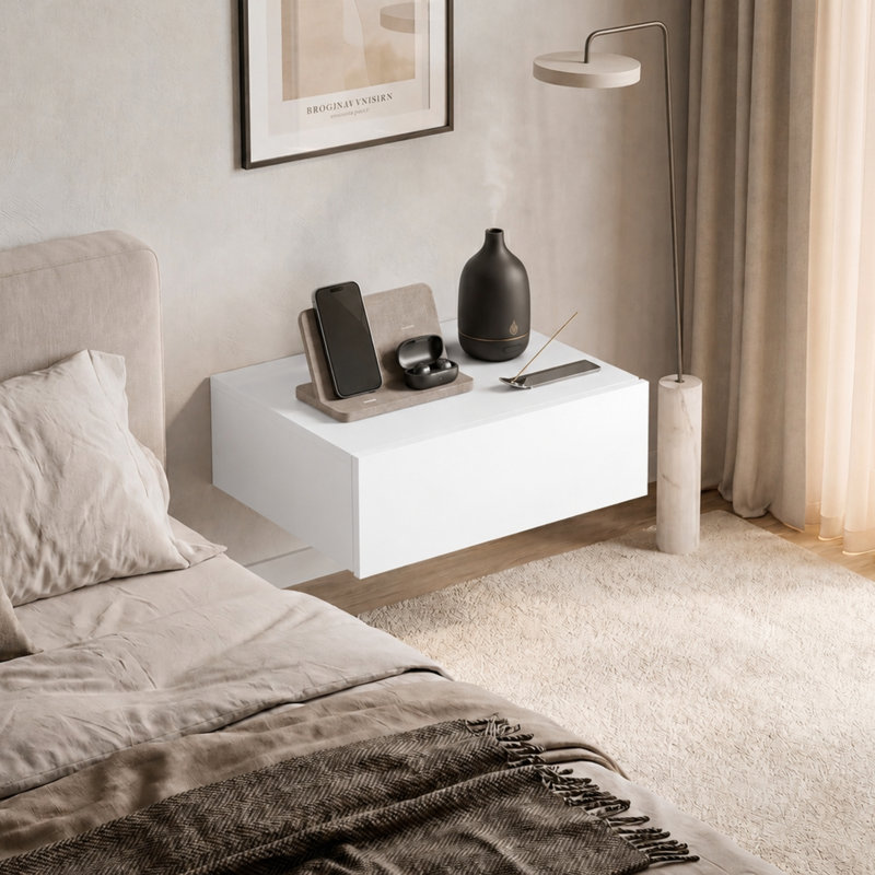 Table de chevet flottante murale avec tiroir Wrought Studio ™ Barcelona l 15,7 po, Blanc / Blanc