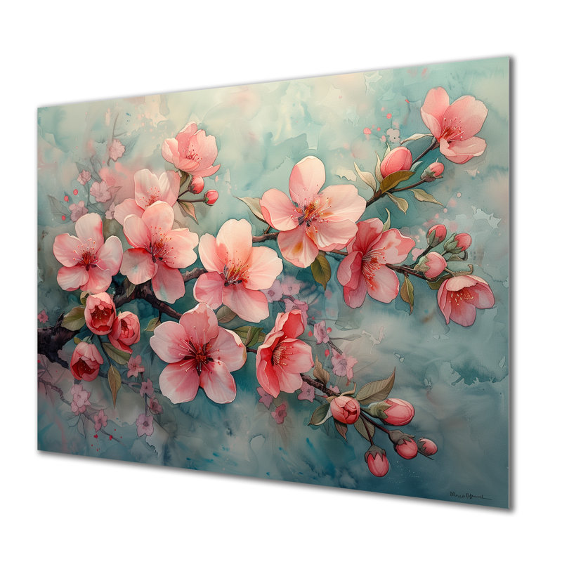 Fleur de cerisier rose rétro - impression d'art mural cerisier en fleurs, H 16 po x l 32 po x P 1 po, Métal métal