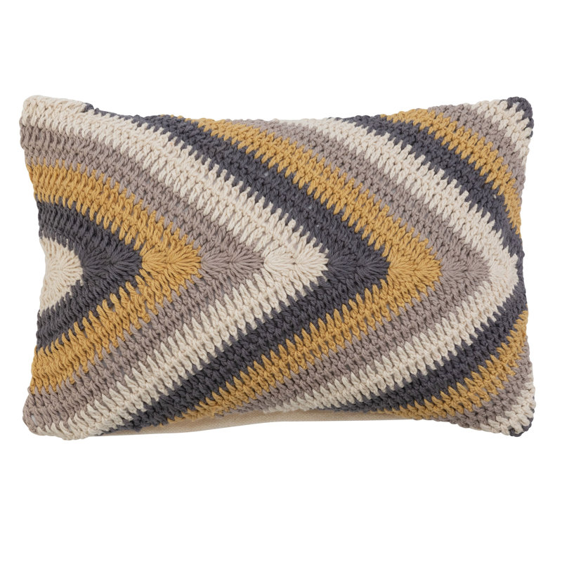 Cotton Crocheted Lumbar Pillow With Chevron Pattern