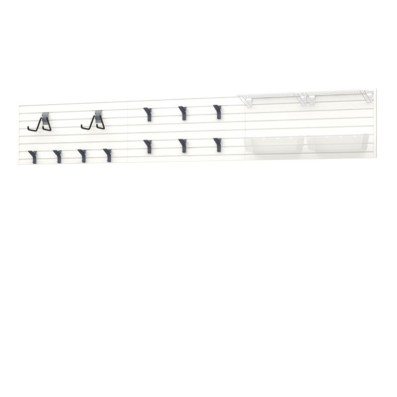 Flow Wall 17 Piece Slatwall Panel, Shelf, Jumbo Bin & Hook Storage Set - Slatwall, Silver