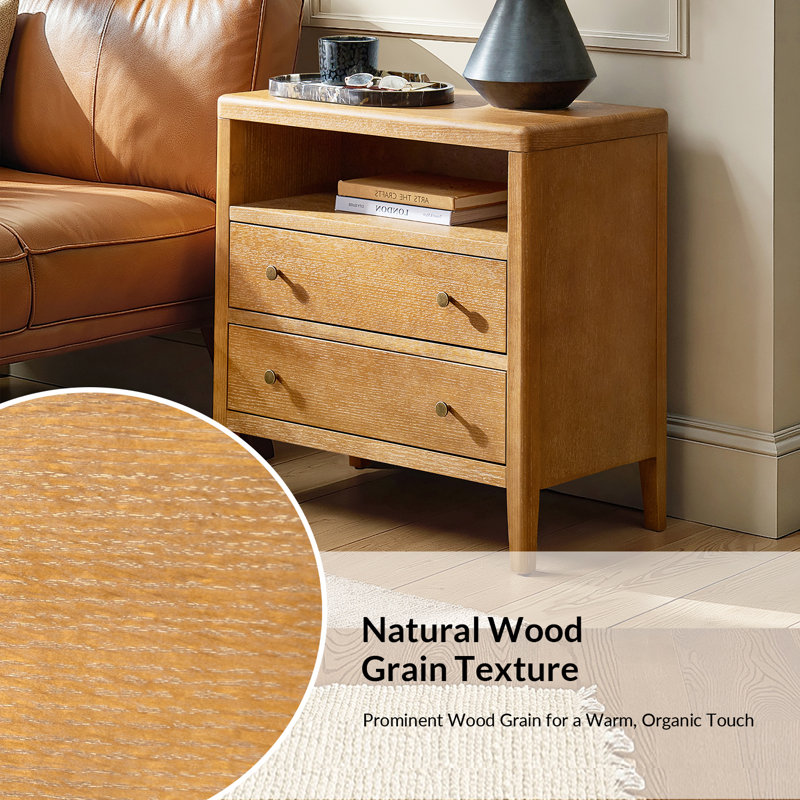 Table de bout en bois massif 28 po Shelli Modern à 2 tiroirs avec prise de courant et port USB (ensemble de 2), Chêne