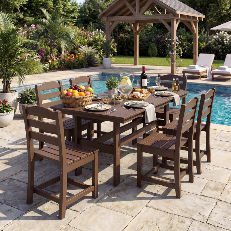 Ensemble repas d'extérieur 7 pièces en PEHD | 1 table + 6 chaises | Résistant aux intempéries, stable aux rayons UV et écologique