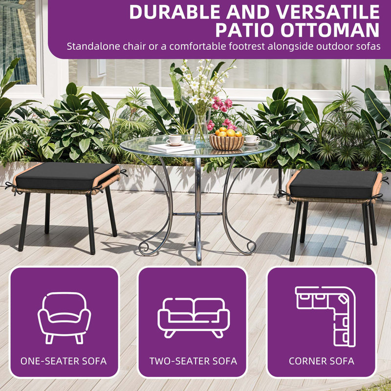 Milam Beige Rattan Outdoor Ottomans with Black Cushions, Set of 2