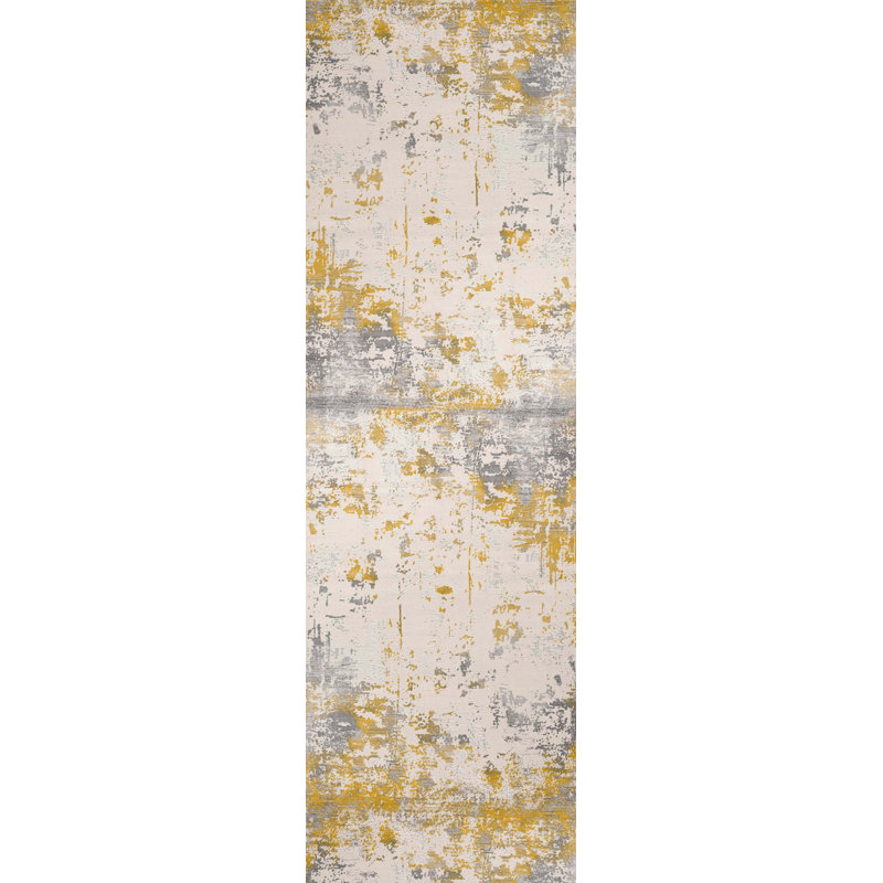 Rug Branch Solenne 2' x 9' (2'3" x 9') Gold/Grey Abstract Indoor Runner Rug, Contemporary, Medium Pile, Stain-Resistant Hallway Carpet - Entryway, Mudroom, Bedroom, and Kitchen