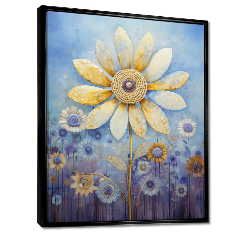 Marguerite jaune sur fond d'aquarelle bleue - marguerite, Cadre flottant noir, bois massif, H 20 po x l 12 po