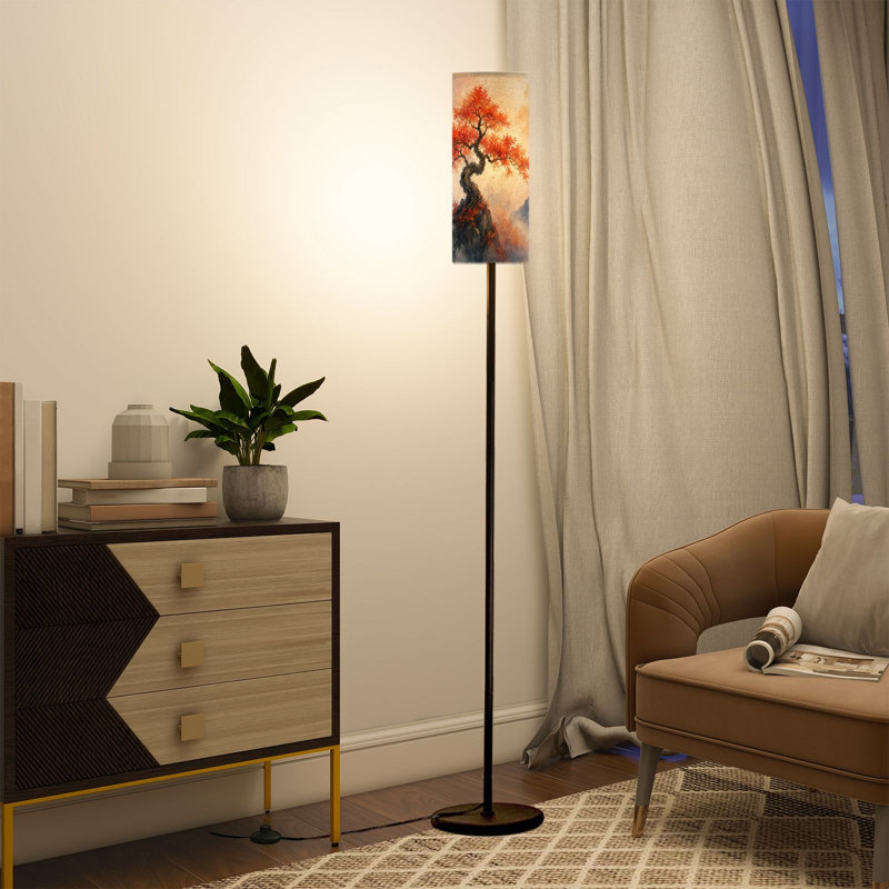 Grand lampadaire moderne avec télécommande à DEL à intensité variable, abat-jour réglable, érable japonais pour le salon, la chambre et le bureau