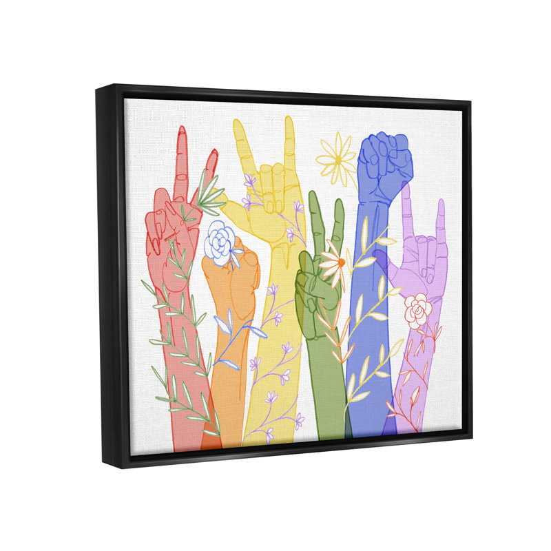 "Rainbow Peace Love Caring Hand Signs", art mural sur toile par Grace Popp, H 17 po x l 21 po x P 1,7 po
