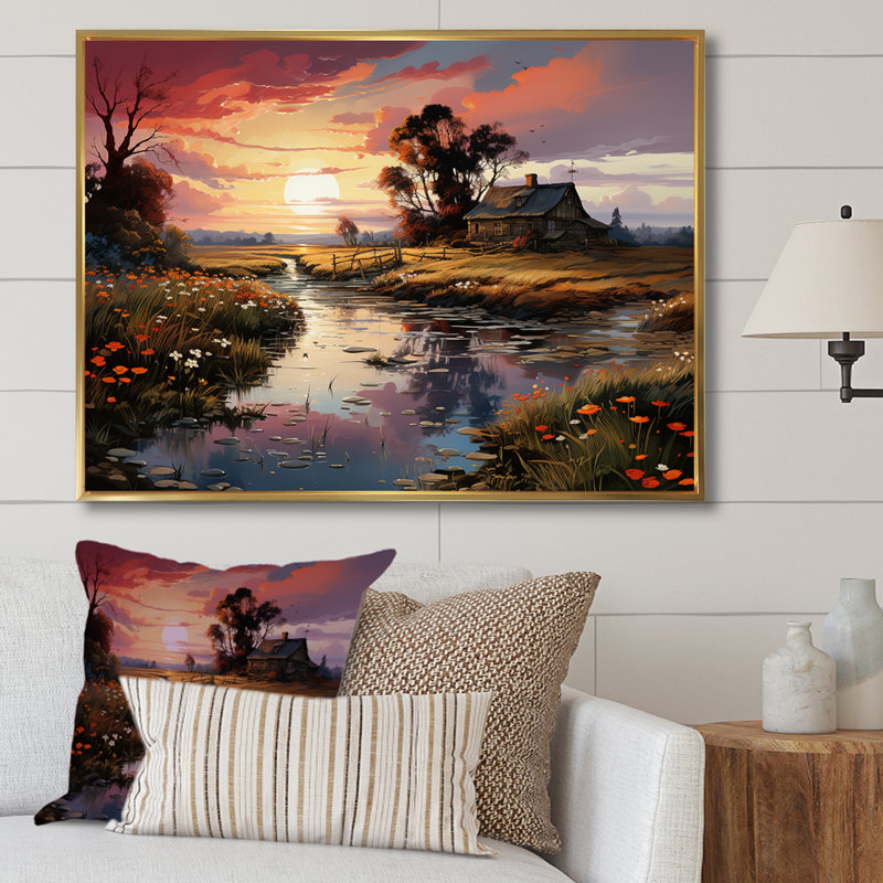«Relaxing Farm Charm Sunset», reproduction sur toile, Cadre flottant doré, H 16 po x l 32 po x P 1 po