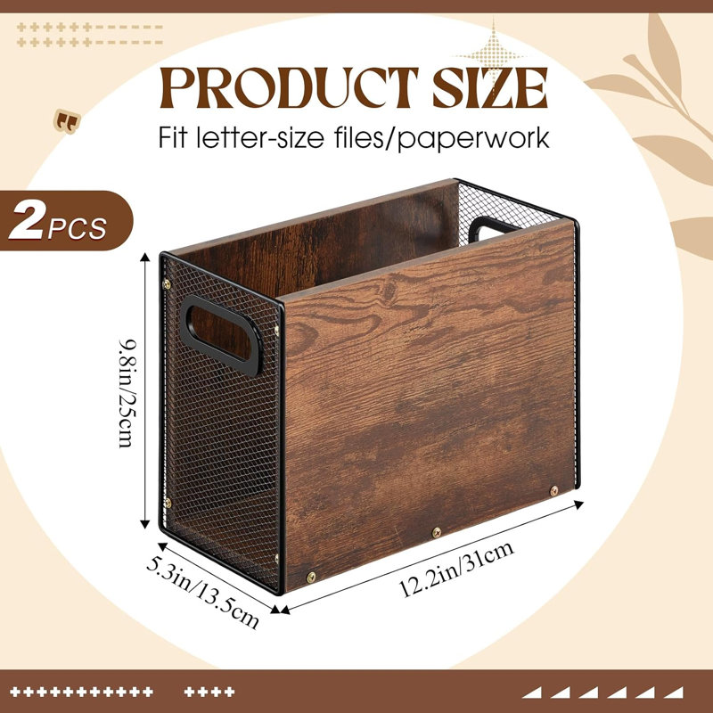 Wooden Hanging File Organizer Box with Handles, 2 Pack