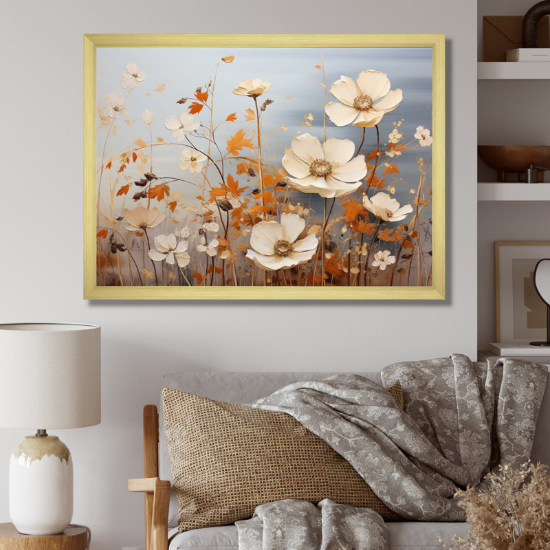 Attilio - blanc, orange, minimalisme, collage de fleurs - impression, H 30 po x l 40 po x P 1,5 po, Cadre doré simple