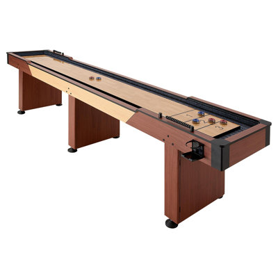 12 ft Shuffleboard Table, 2 in 1 Shuffleboard and Bowling Combo Set, Shuffle Board with Rustic Wood Finish, Scratch-Resistant Playfield, 8 Pucks, Bowling Set, Wax, Brush, for Family Game Room