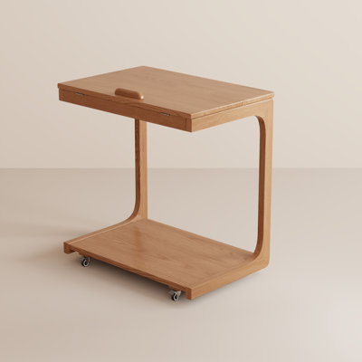 Solid Wood C-Table End Table, Flip Top Hidden Storage Rolling Side Table with Wheels for Living Room Bedroom