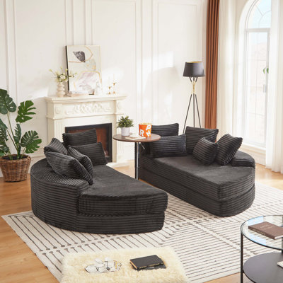 Corduroy Round Oversized Recliner, Converts into Two Recliners, 2-In-1 Sofa Bed, Neck Pillow Design With Five Throw Pillows
