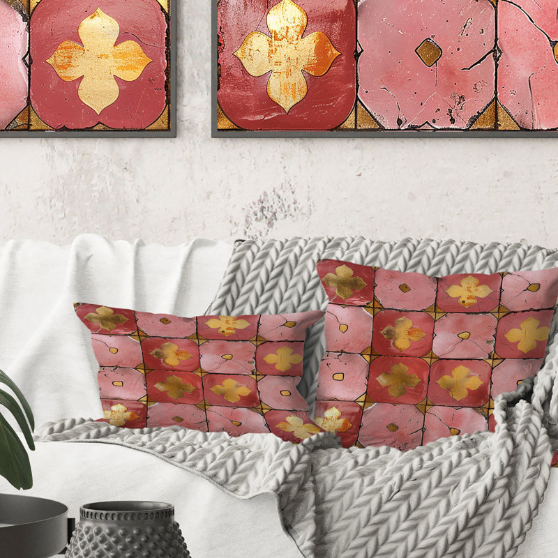 Carreau rustique rose et doré II - Coussin Farmhouse, H 16 po x l 16 po, Carrée