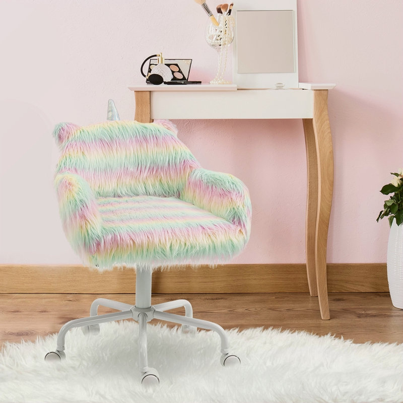 Chaise de bureau Fluffy Unicorn avec dossier moyen et accoudoirs, base pivotante blanche à 5 branches