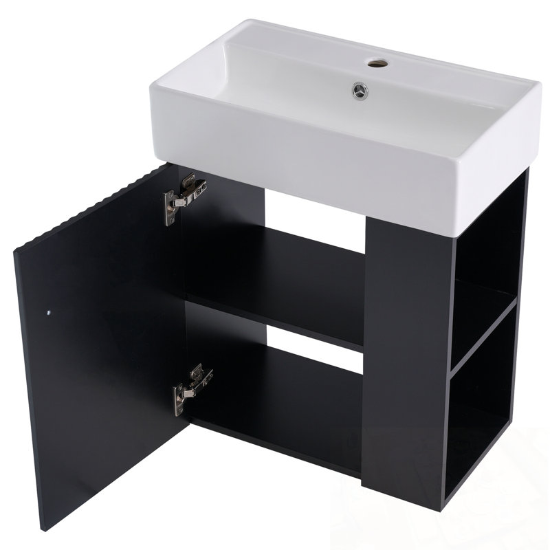 Meuble-lavabo flottant avec lavabo en céramique et rangement à droite, Noir