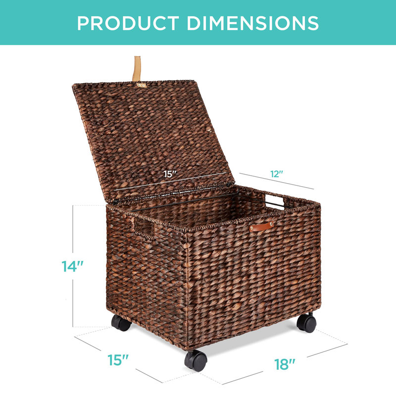 Brown Woven Water Hyacinth Mobile Filing Cabinet with Locking Wheels