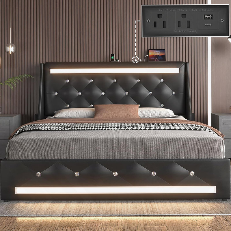 Cadre de lit avec lumières DEL, cadre de lit rembourré avec station de charge, lit plateforme avec tête de lit, Noir
