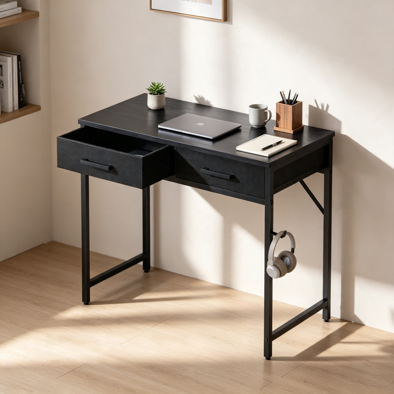 80cm Black Small Desk with 2 Drawers, 76.2 cm H x 80 cm W x 40 cm D, Black
