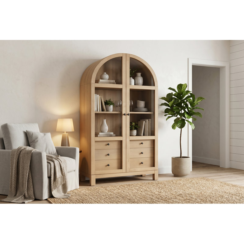 Armoire vitrée en bois de pin brésilien massif de 75 pouces, huche de ferme moderne et buffet avec portes en verre pour le rangement de la salle à manger et du salon