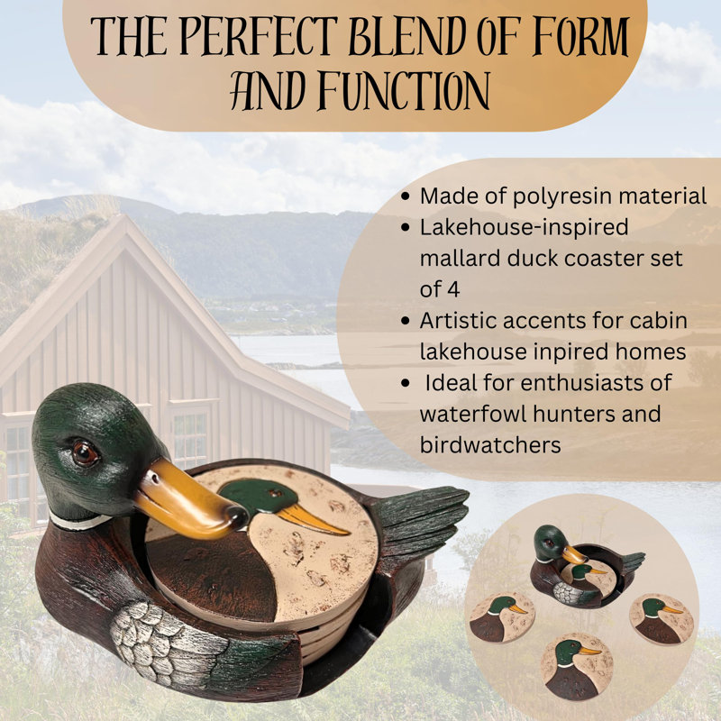 Rustic Woodland Mallard Duck Polyresin Coaster Set with Decorative Holder