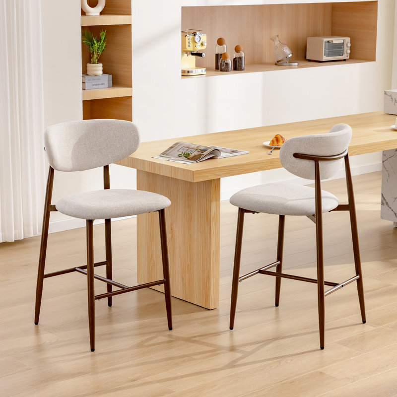 Modern Upholstered Counter Stool with Backrest and Solid Metal Frame (Set of 2), Linen, 2