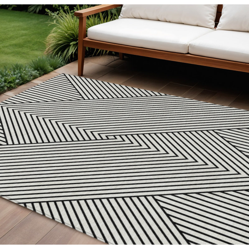 Tapis intérieur / extérieur 9 pi x 12 pi blanc et noir à motif géométrique lavable