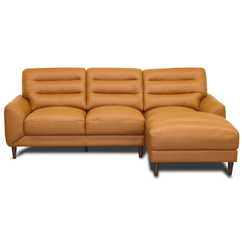 Canapé d'angle Clarion en cuir véritable beige avec méridienne à droite, Cuir brun clair