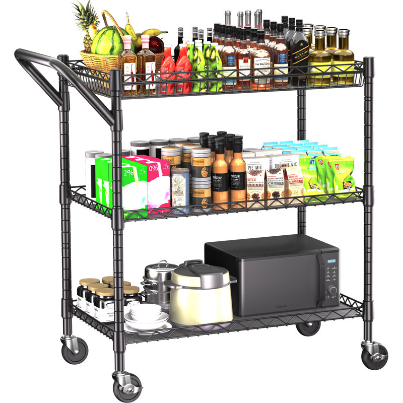 3-tier Utility Cart With Wheels Outdoor Rolling Metal Storage Organizer, 36" H x 30" W x 18" D, Black