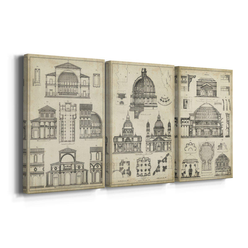 «Vintage Architects Plan I», toile tendue sur mesure - 3 pièces, H 12 po x l 24 po