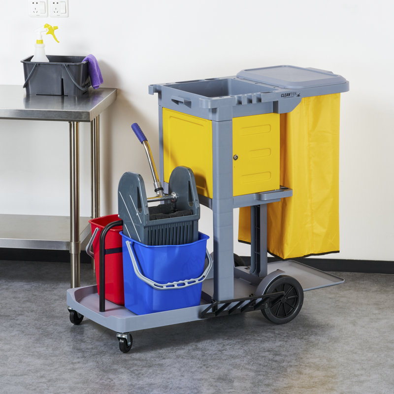 Chariot de cuisine professionnel à 3 tablettes avec roulettes, 1 chariot de nettoyage avec couvercle et sac de 18 gallons - Comprend 1 armoire verrouillable, 1 essoreuse et 2 seaux, un chariot de conciergerie en plastique gris