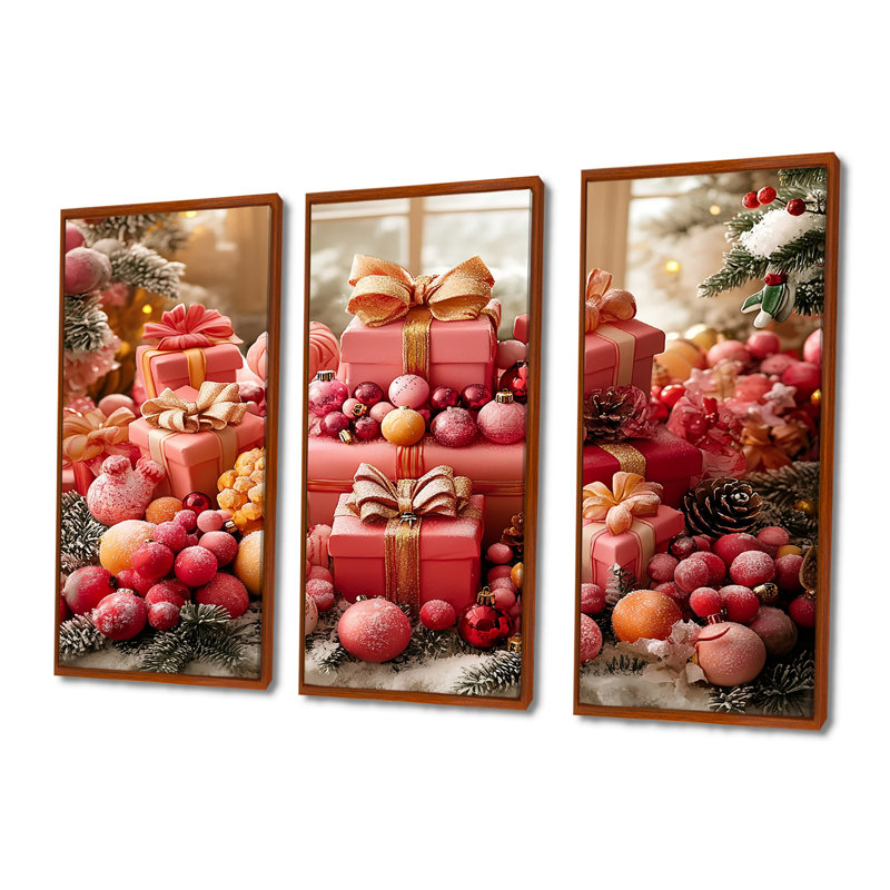 Rose et or, cadeau de Noël Palace - ensemble d'art mural de Noël, H 28 po x l 36 po x P 1 po, Toile avec cadre flottant brun