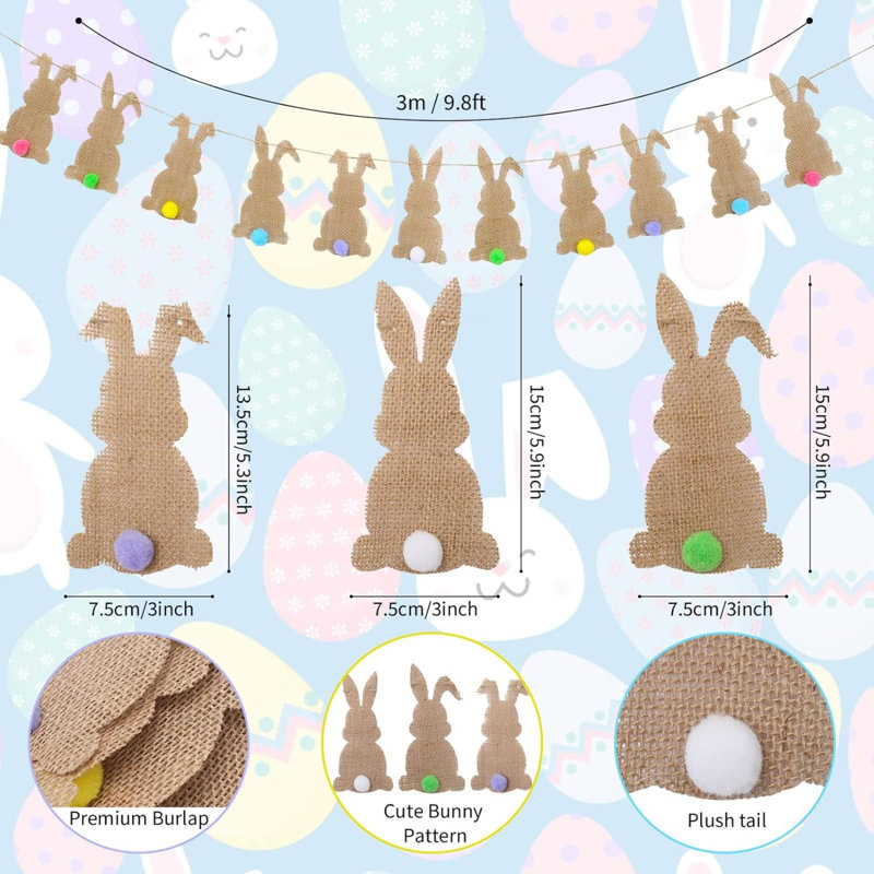 Bannière de Pâques avec ficelle Mignon lapin en toile de jute Bannière colorée pré-assemblée, guirlande de Bruant de Pâques, décoration suspendue pour la maison, articles de fête sur le thème du printemps